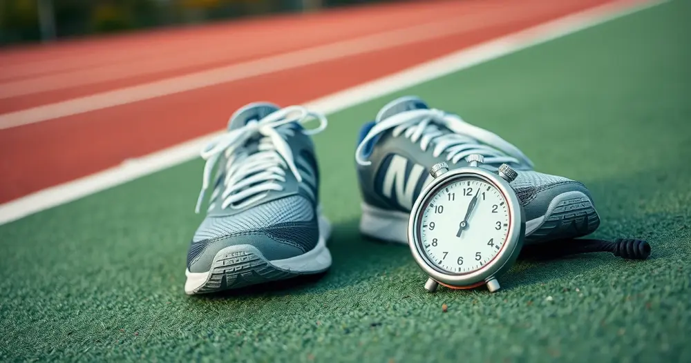 tênis de corrida e cronômetro sobre pista de atletismo