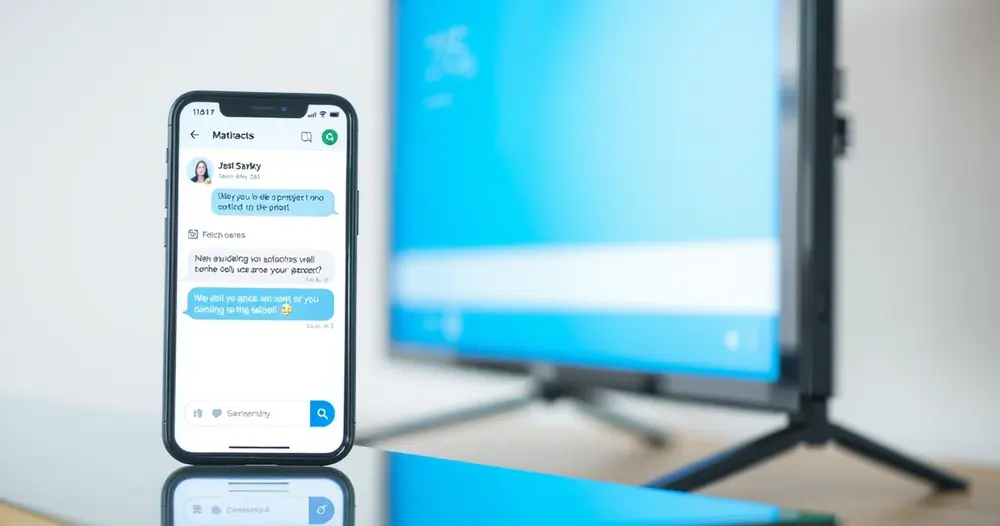 celular exibindo conversa de atendimento ao lado da televisão